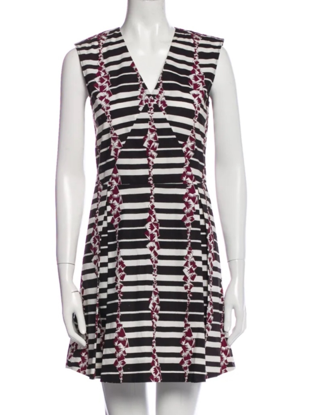 SUNO Monochrome Block Stripes V-neck Poplin Pleated A-Line Mini Dress Size 6